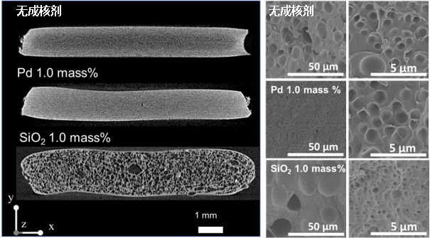 含有Pd纳米颗粒和SiO2纳米颗粒的PMMA的发泡结构  （左）X射线CT图像、（右）SEM图像