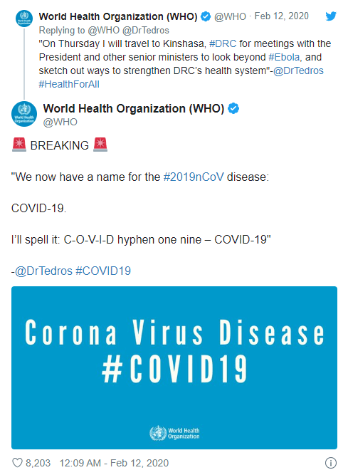新型肺炎 病毒标准命名为SARS-CoV-2 病名为“COVID-19