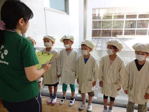日本学校配餐　1年级小学生在向老师汇报已经认真洗过手了